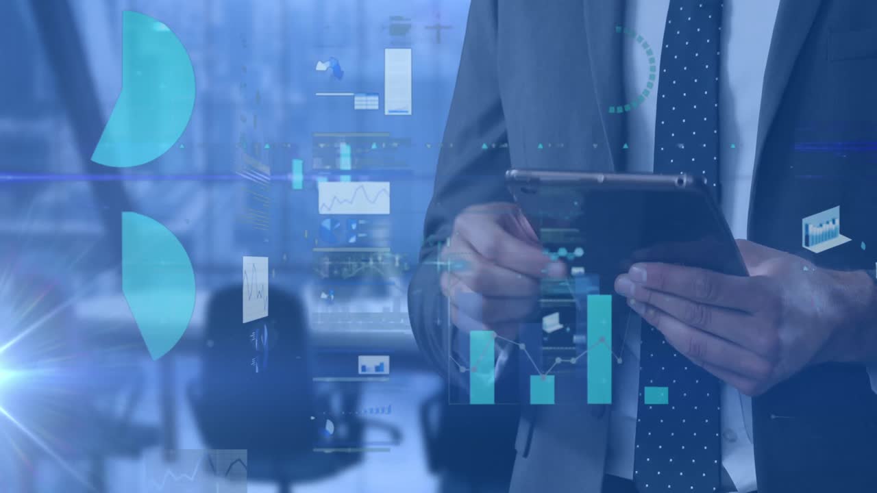 Animation of data processing over businessman using tablet in office