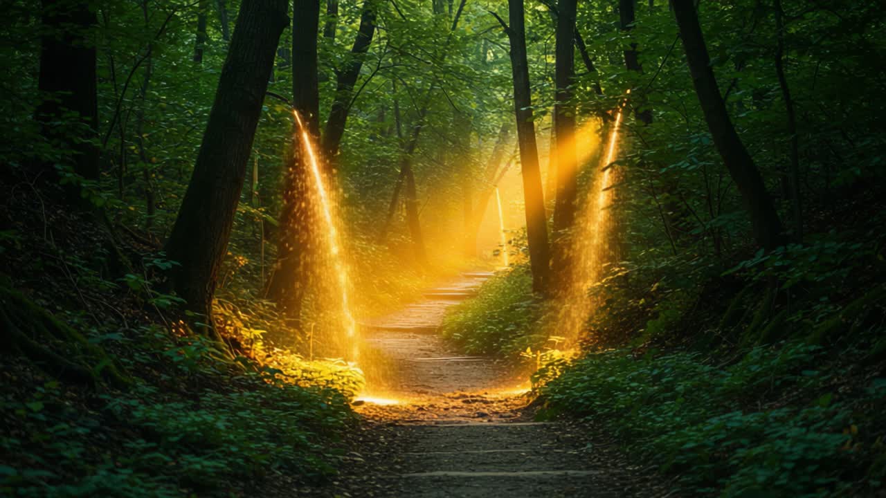 Illuminated Path in Enchanted Forest with Shimmering Light Effects Casting Magical Glow Among Lush Greenery, Creating a Mystical Atmosphere