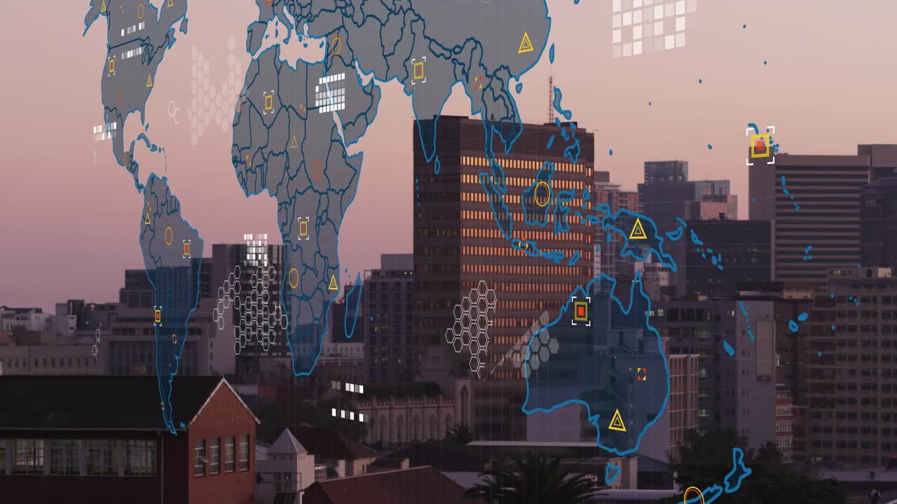 Faint world map fading-in over city, overlay growing and HUD nodes pulsing or linking to show data