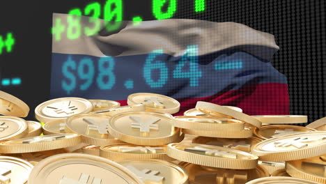 animación de monedas de yen sobre procesamiento de datos y bandera de rusia
