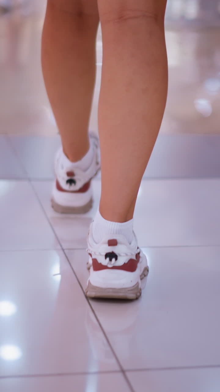 Leg view of lady in white sneakers walking on polished tiled floor with reflections from overhead lights creating soft glow, shadows of people and vibrant lights on shiny floor