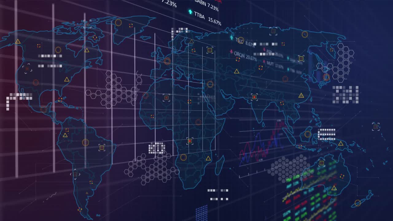 Animation of financial data processing over dark background