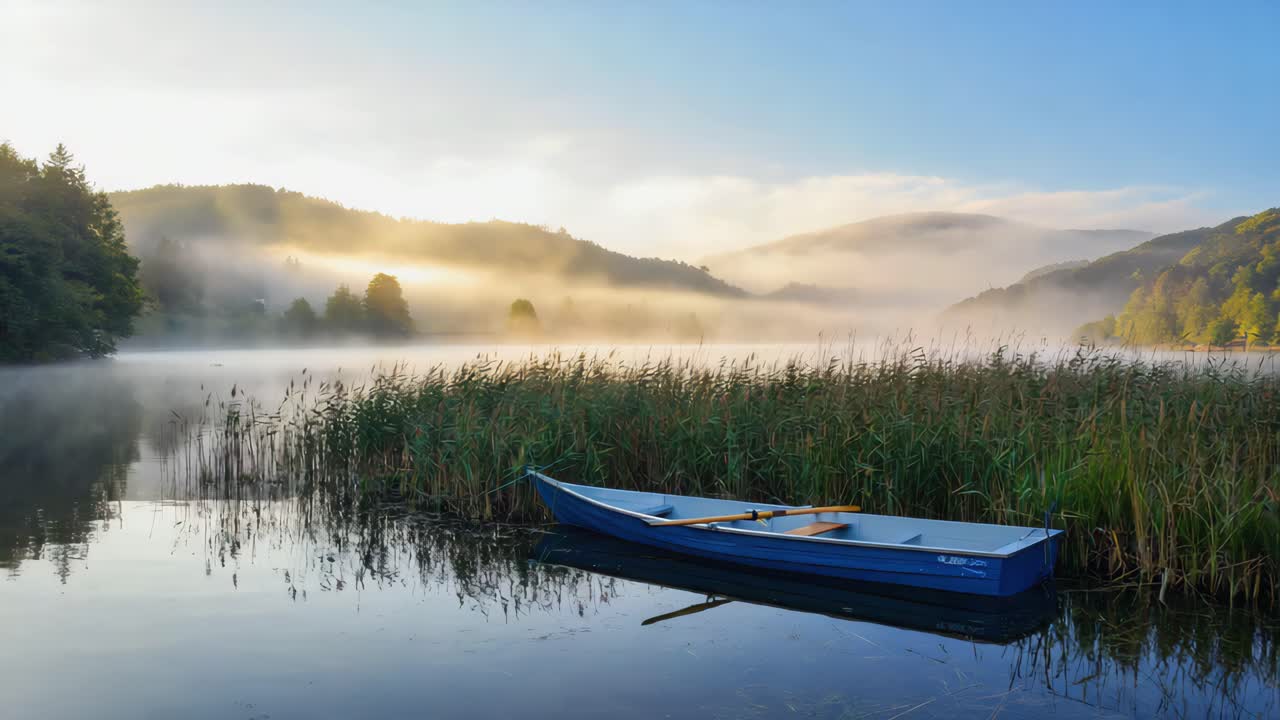 Mattina serena su un lago nebbioso con una barca