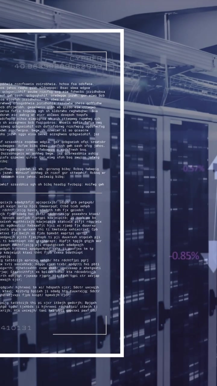 Animation of computer language, connected icons globe over bars on data server racks