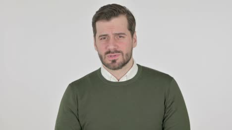man feeling shocked, white background