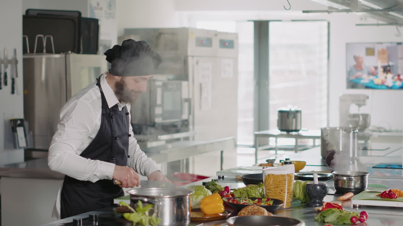 POV of gourmet chef recording cooking show video on camera