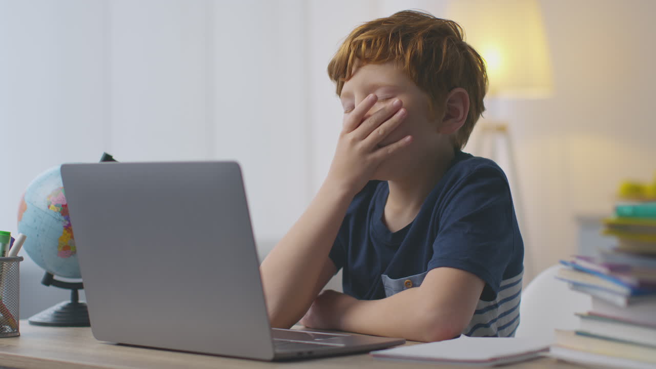 Boy Boredly Looking at Laptop