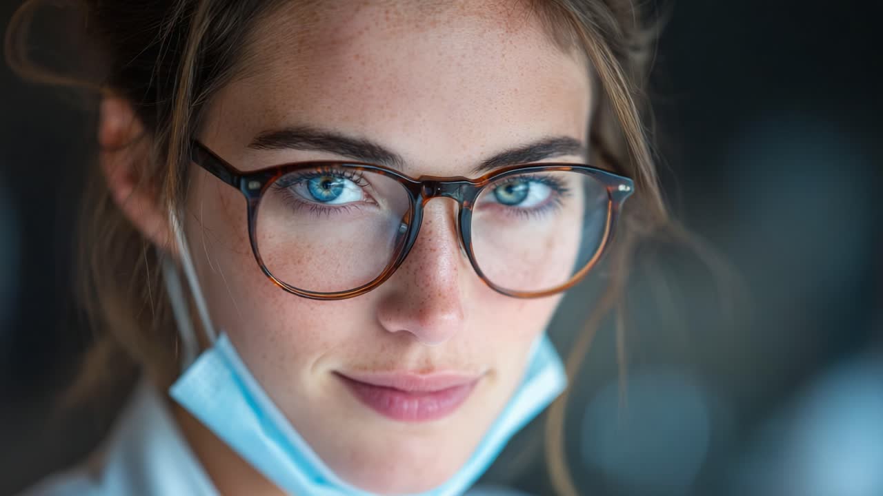 Captivating Portrait of a Young Woman with Glasses and a Face Mask, Emphasizing Her Striking Blue Eyes and Natural Beauty in a Softly Lit Background