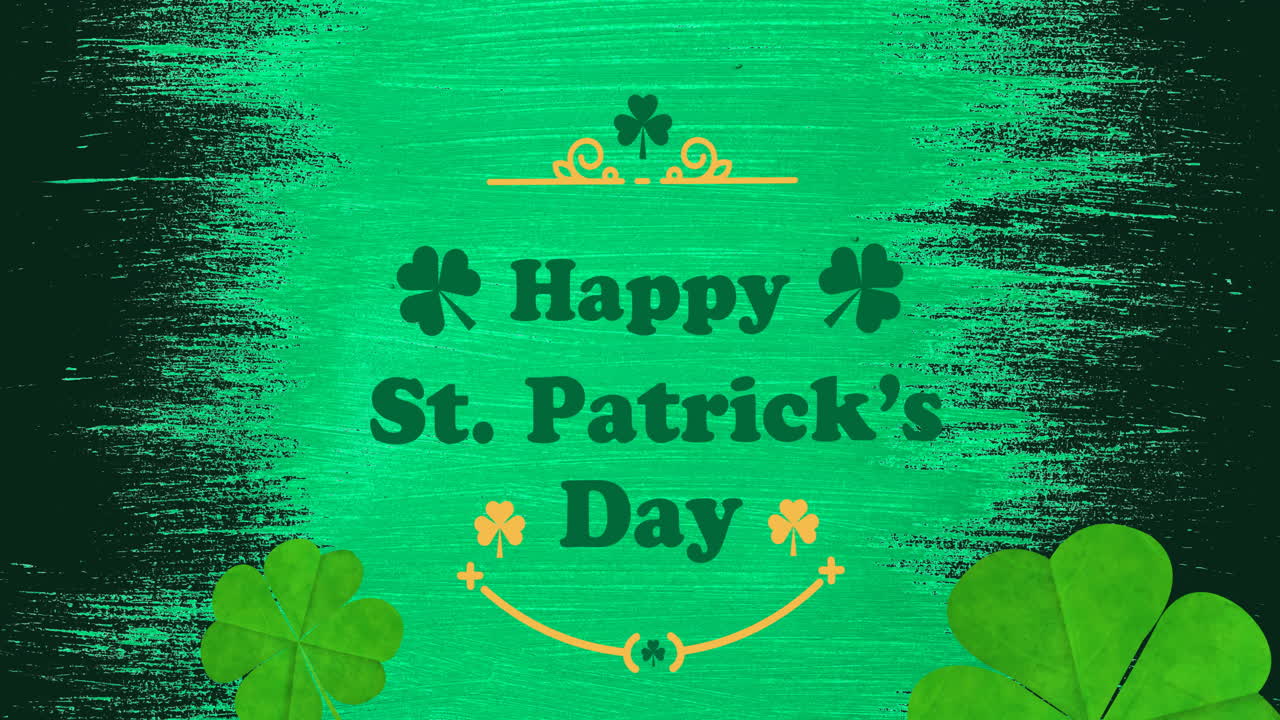 Animazione del testo "Happy St. Patrick's Day" con foglie di trifoglio su sfondo dal verde al nero.