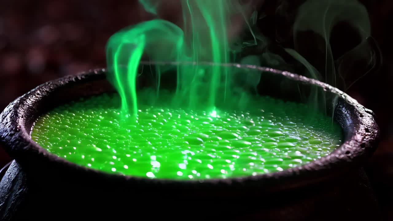The mysterious green potion seeping from the cauldron surrounded by enigmatic smoke effects