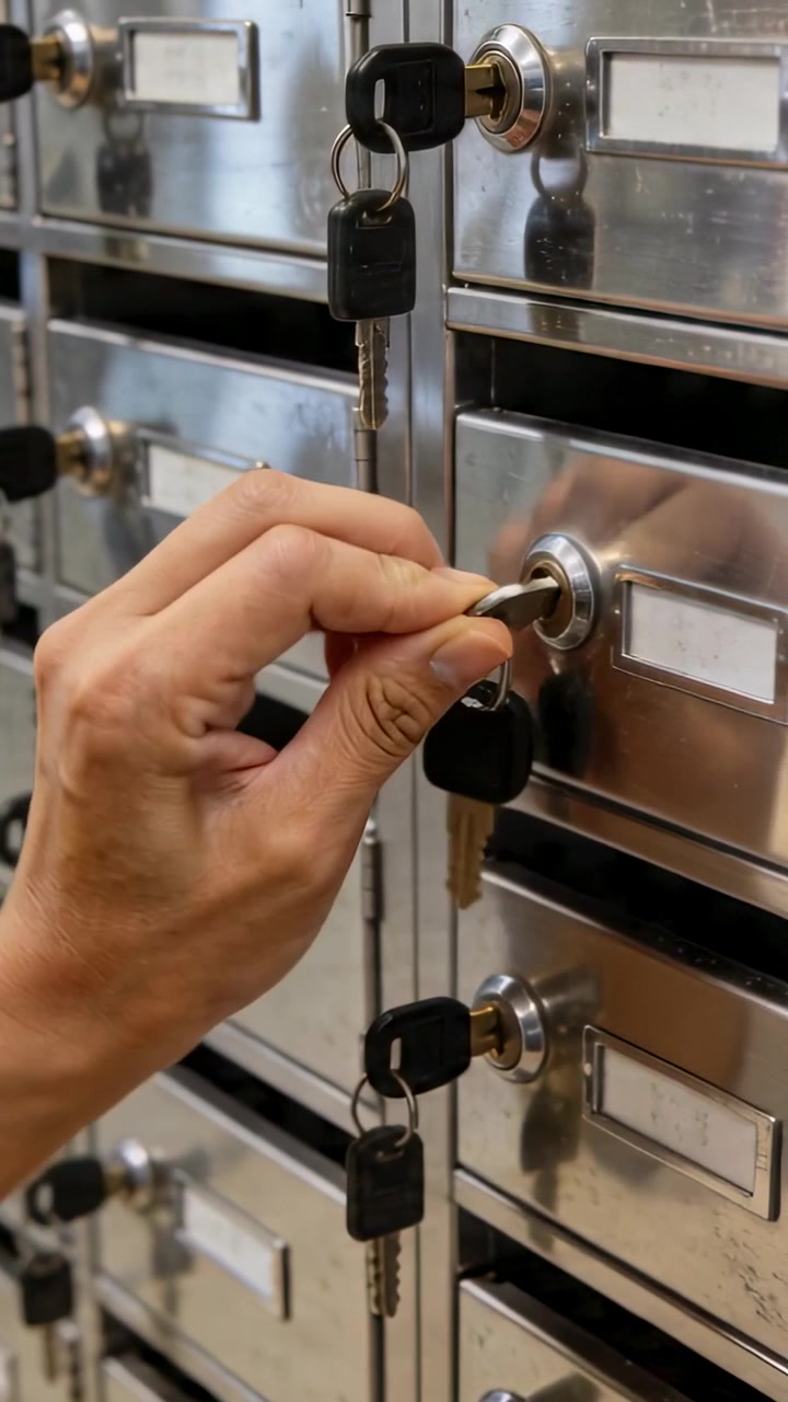 Vertical video: Entering frame hand selecting key from ring, turning mailbox lock at lobby for mail