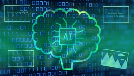 Animation of ai data processing over connections with ai icons and binary coding