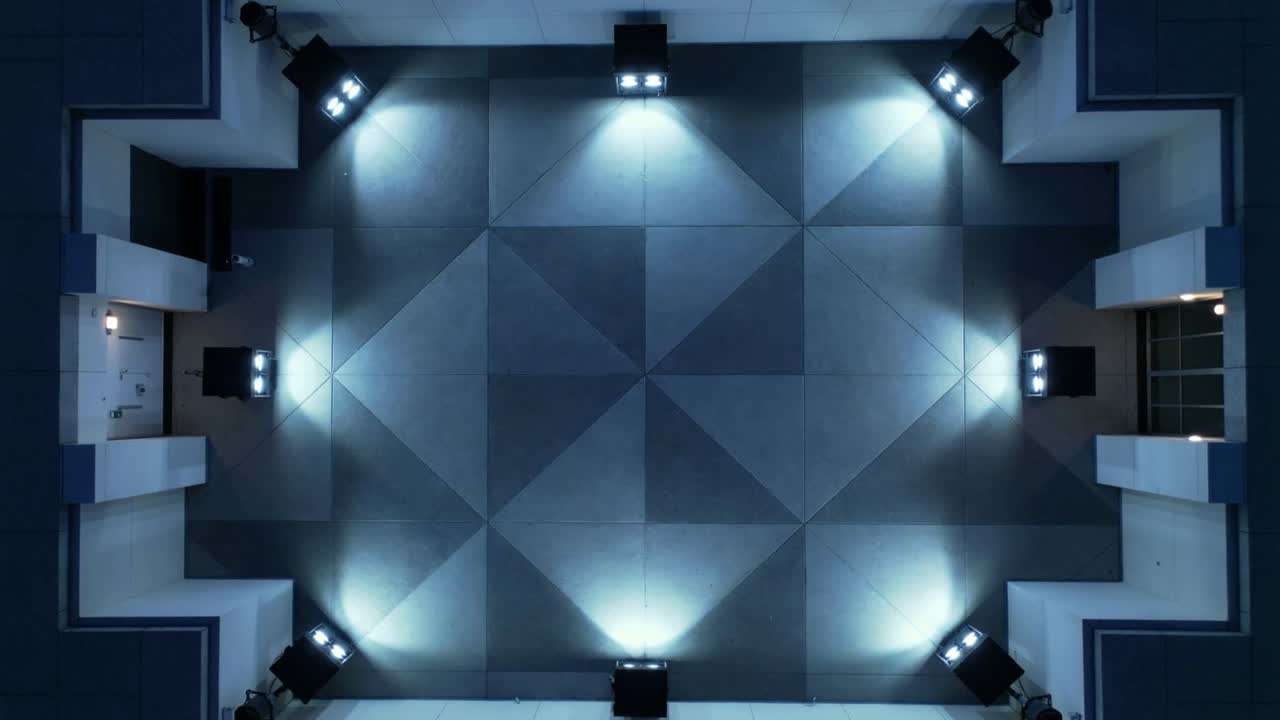 Timer starting overhead camera capturing central tiled floor at test lab for test, lights and boxes