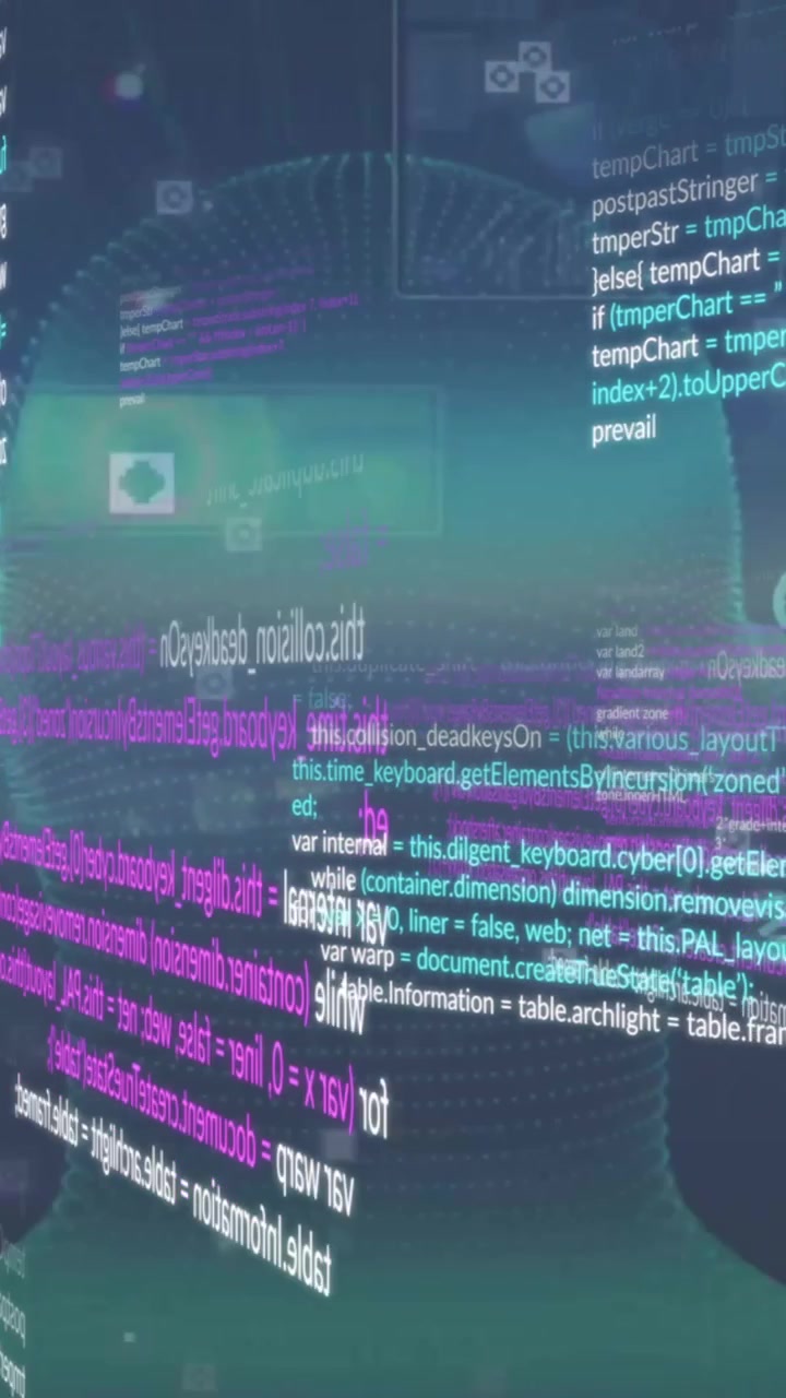 Animation af databehandling og netværk af forbindelser over digitalt menneskehoved på sort baggrund.
