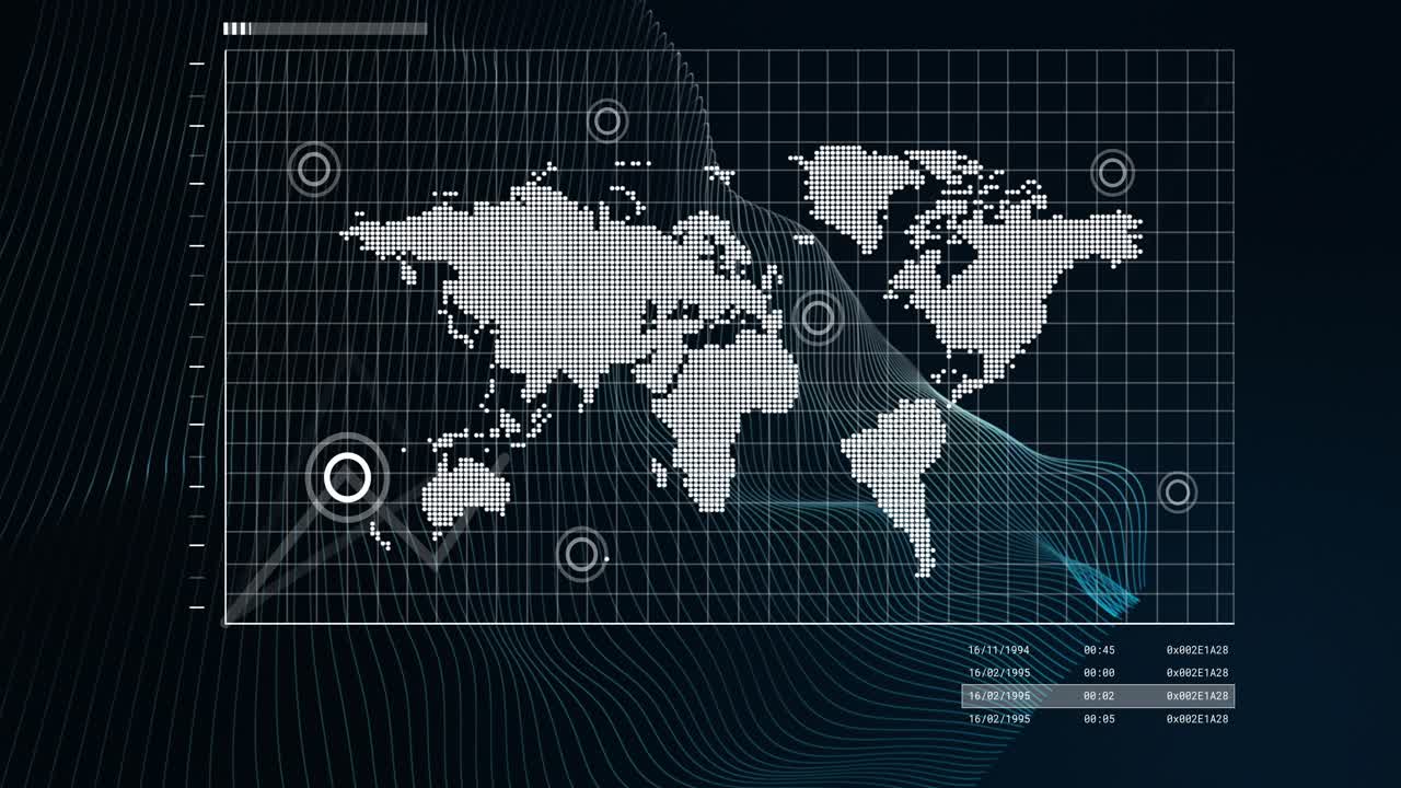 On start polyline drawing across dotted map, nodes pulsing, data updating visualizing trends