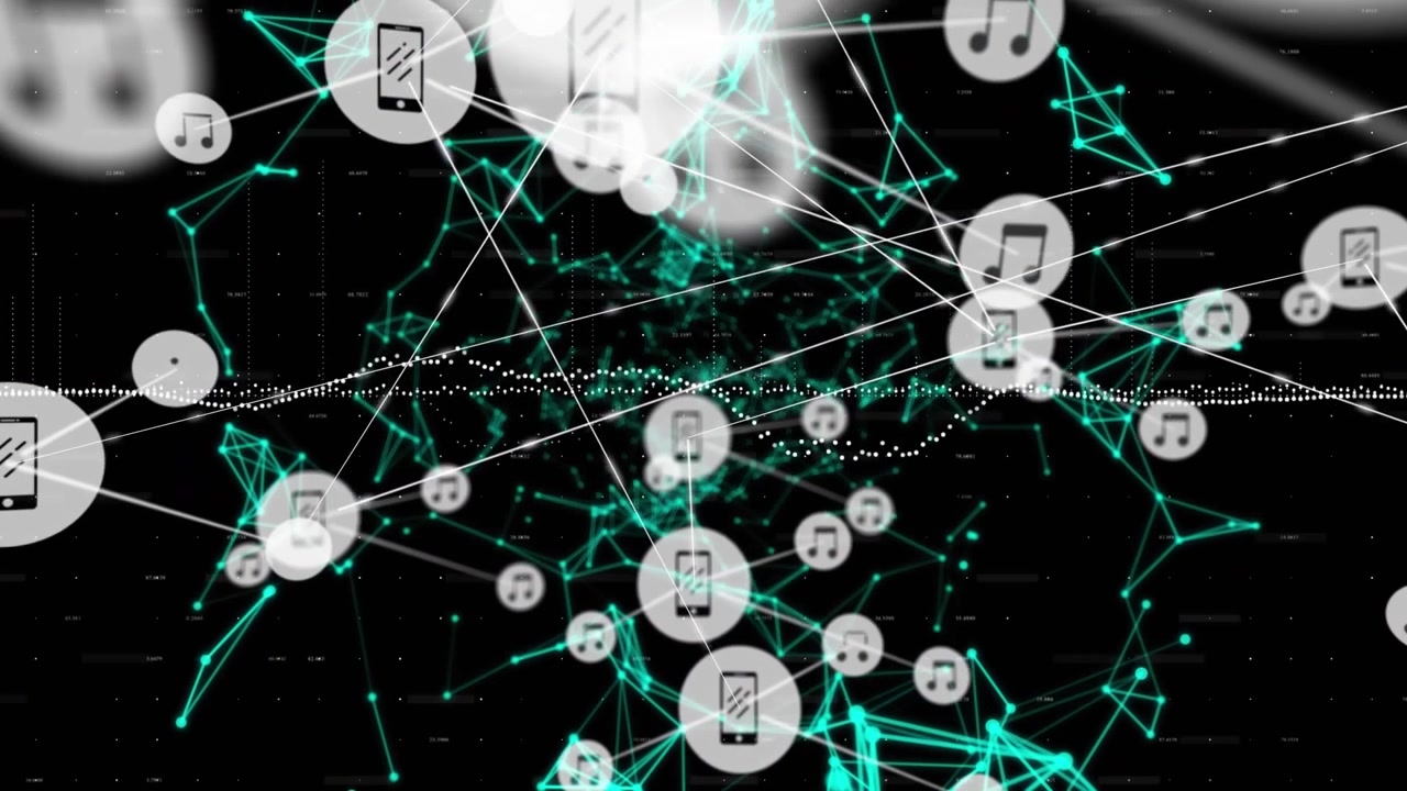 Animation of network of connections with icons and data processing on black background