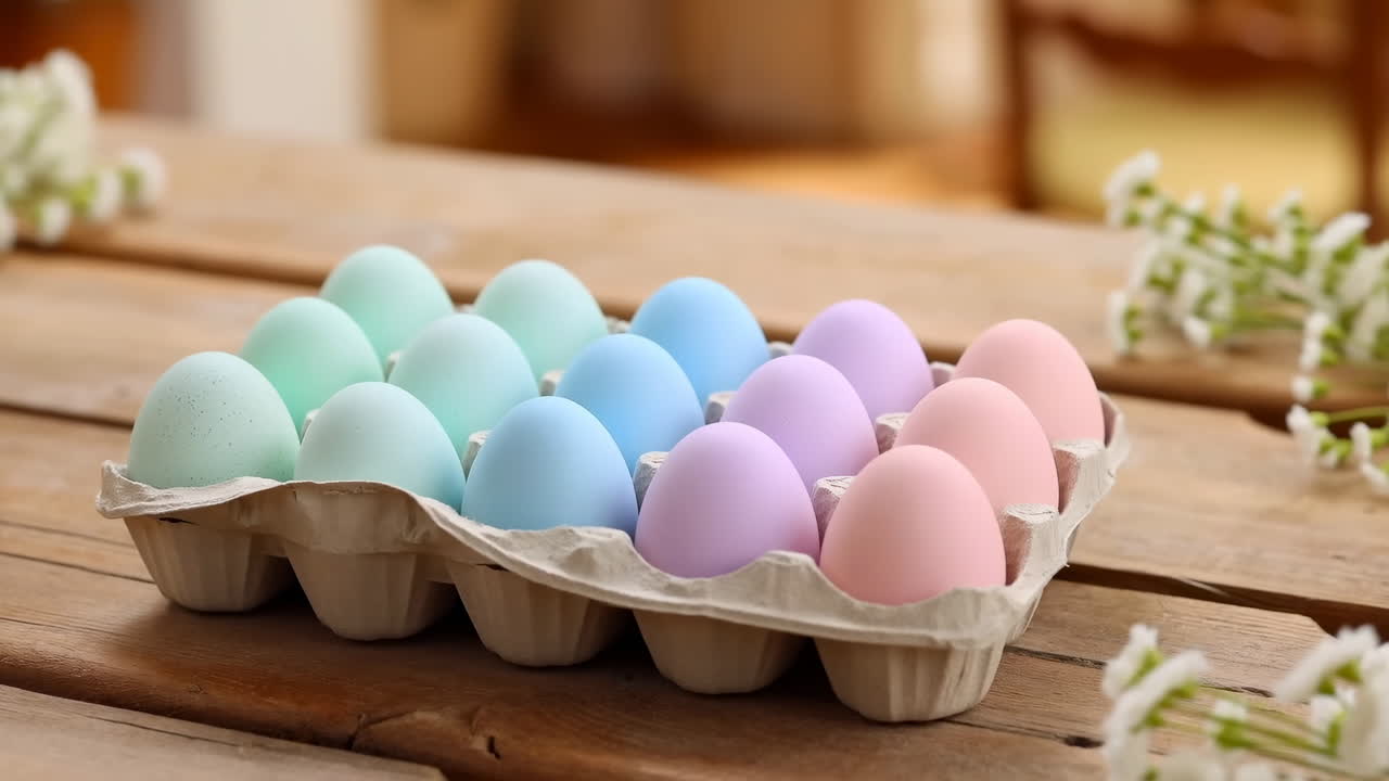 Huevos de colores pastel en cartón dispuestos sobre una mesa de madera rústica con luz natural suave y pequeñas flores blancas