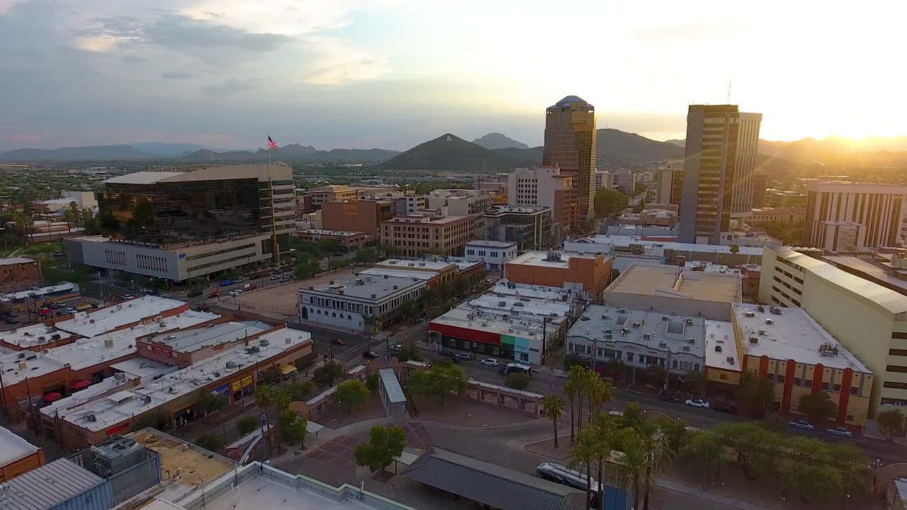 Rising drone shot at sunset of downtown Tucson Arizona