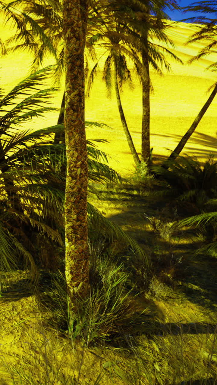 Palme e piante sotto un cielo azzurro in un paesaggio desertico di giorno