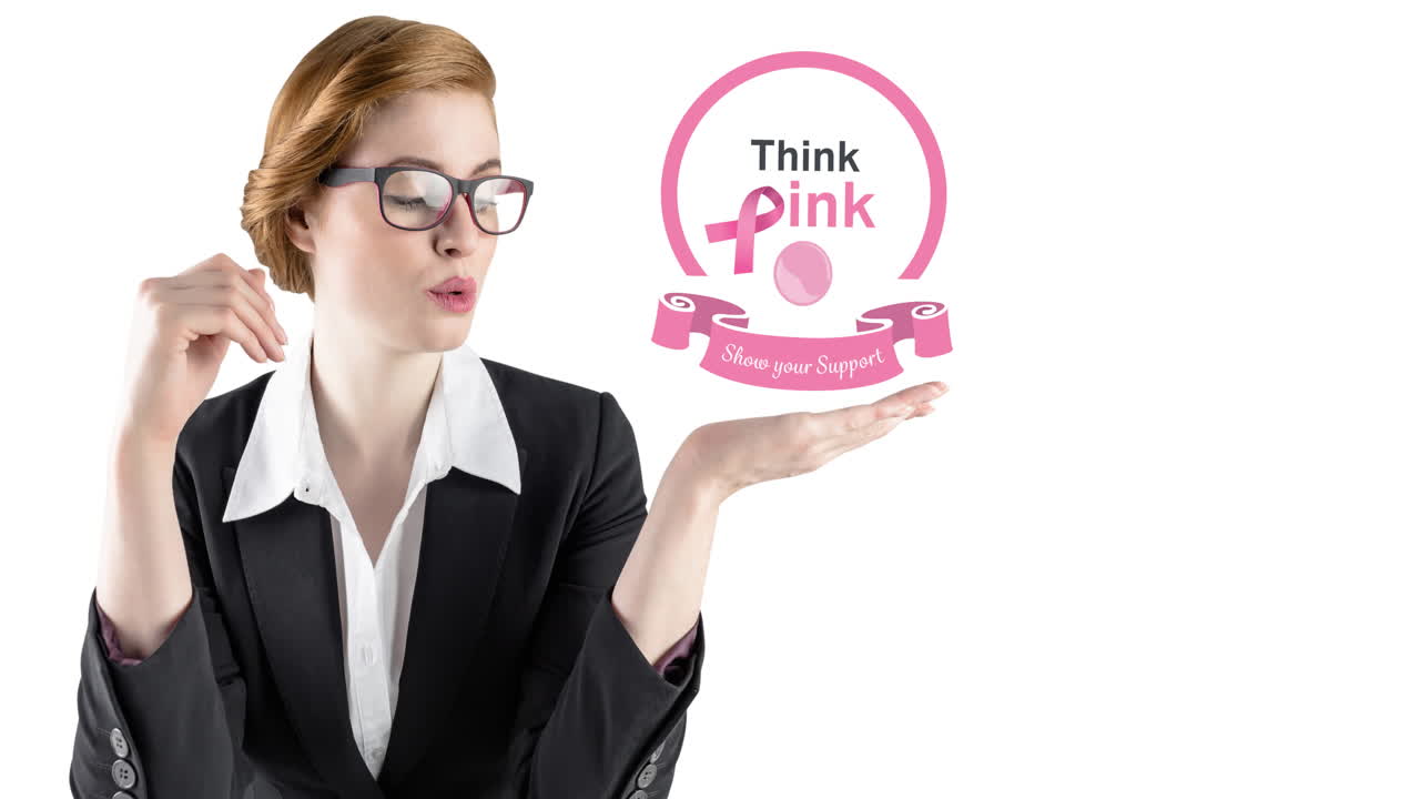 Animazione del logo a nastro rosa con il testo "cancro" sopra una giovane donna