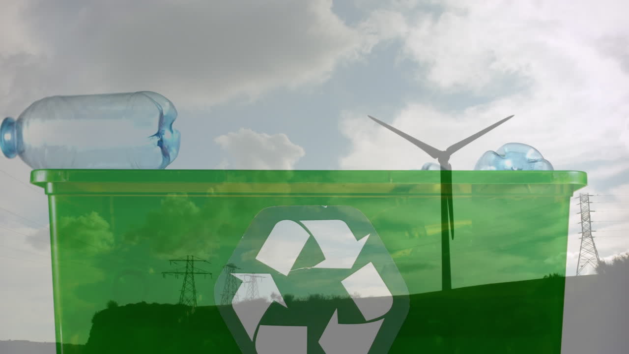 animación de una caja verde de reciclaje con cajas de plástico y turbinas eólicas