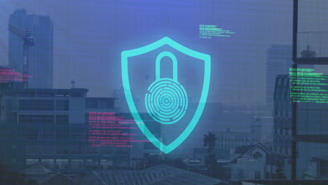 animation of data processing with shield and padlock icon over cityscape