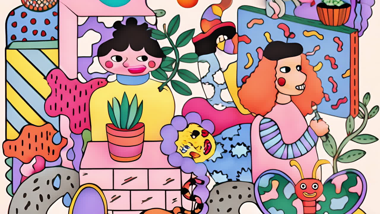 Colorful abstract characters and objects animation with plants and geometric shapes