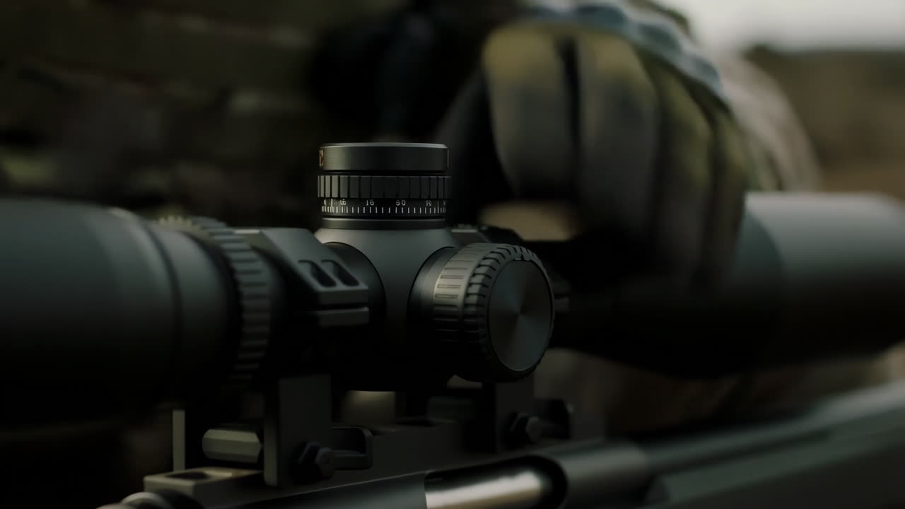 Sniper adjusting scope in camouflage