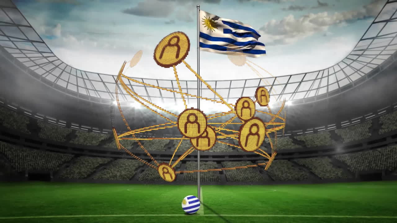 Uruguay flag and digital currency symbols in animation over soccer stadium field