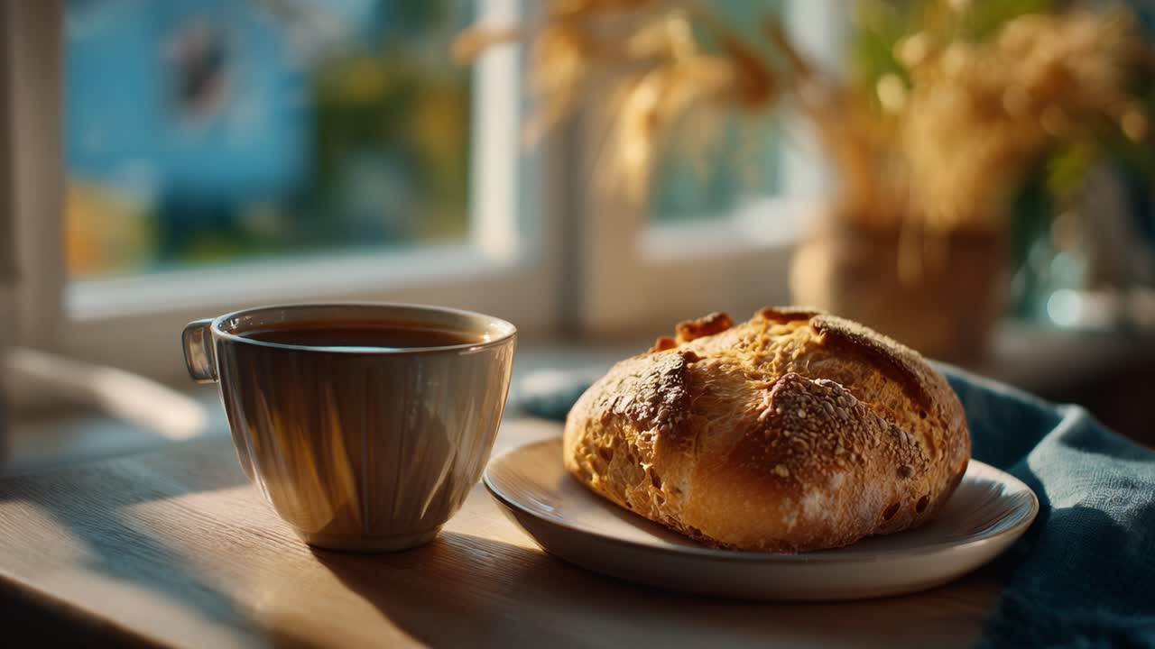 Eine gemütliche Morgenszene mit einer warmen Tasse Kaffee und frischem Gebäck auf einem Holztisch, umgeben von natürlichem Licht und weichen Textilakzenten.