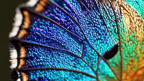 close-up of iridescent butterfly wing with vibrant colors and intricate patterns