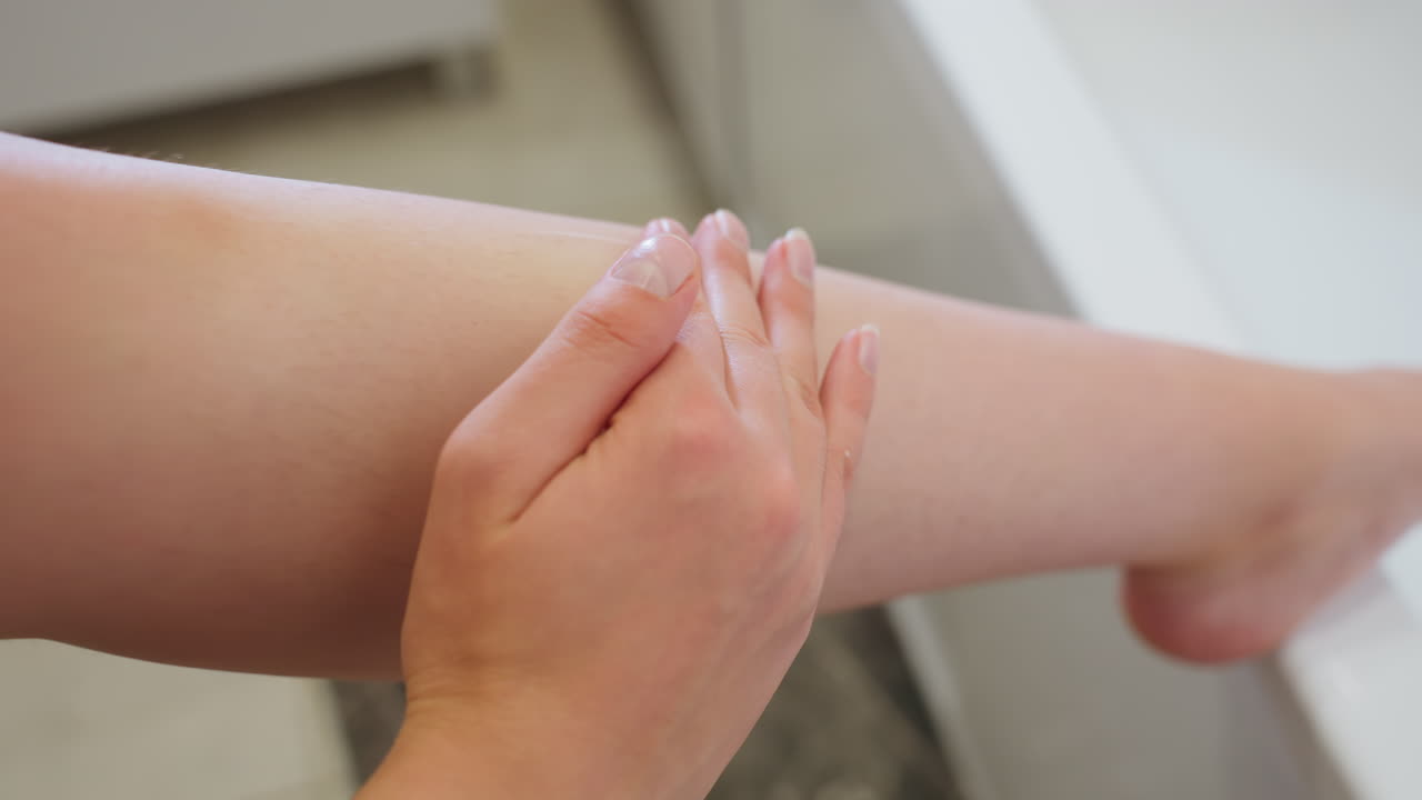 Leg view with hand holding skincare container, applying cream to knee in bright light, part of moisturizing routine, rejuvenation, self-care, smooth skin, healthy skin, body care