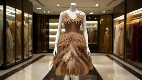 luxury brown feather dress display in a boutique