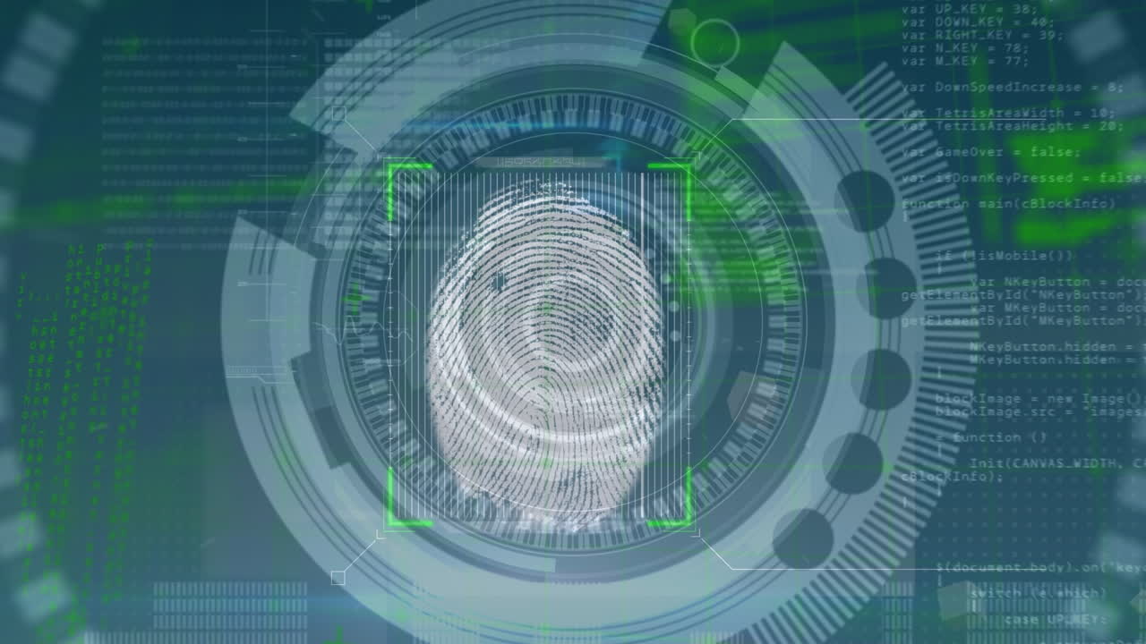 animación del escaneo de huellas dactilares sobre fondo azul con datos diversos