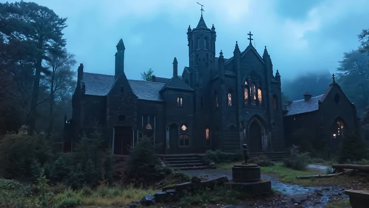 una gran iglesia de piedra en el medio de un bosque