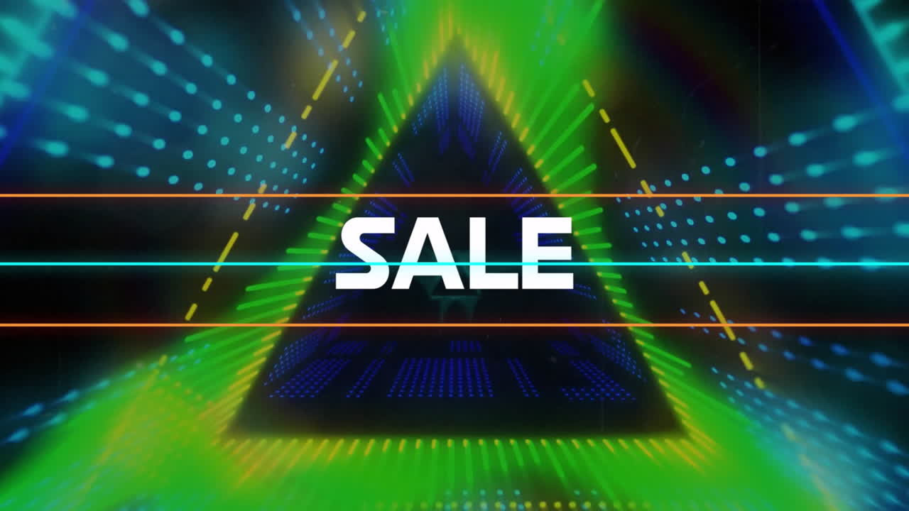 SALE text animation over neon geometric shapes and light patterns