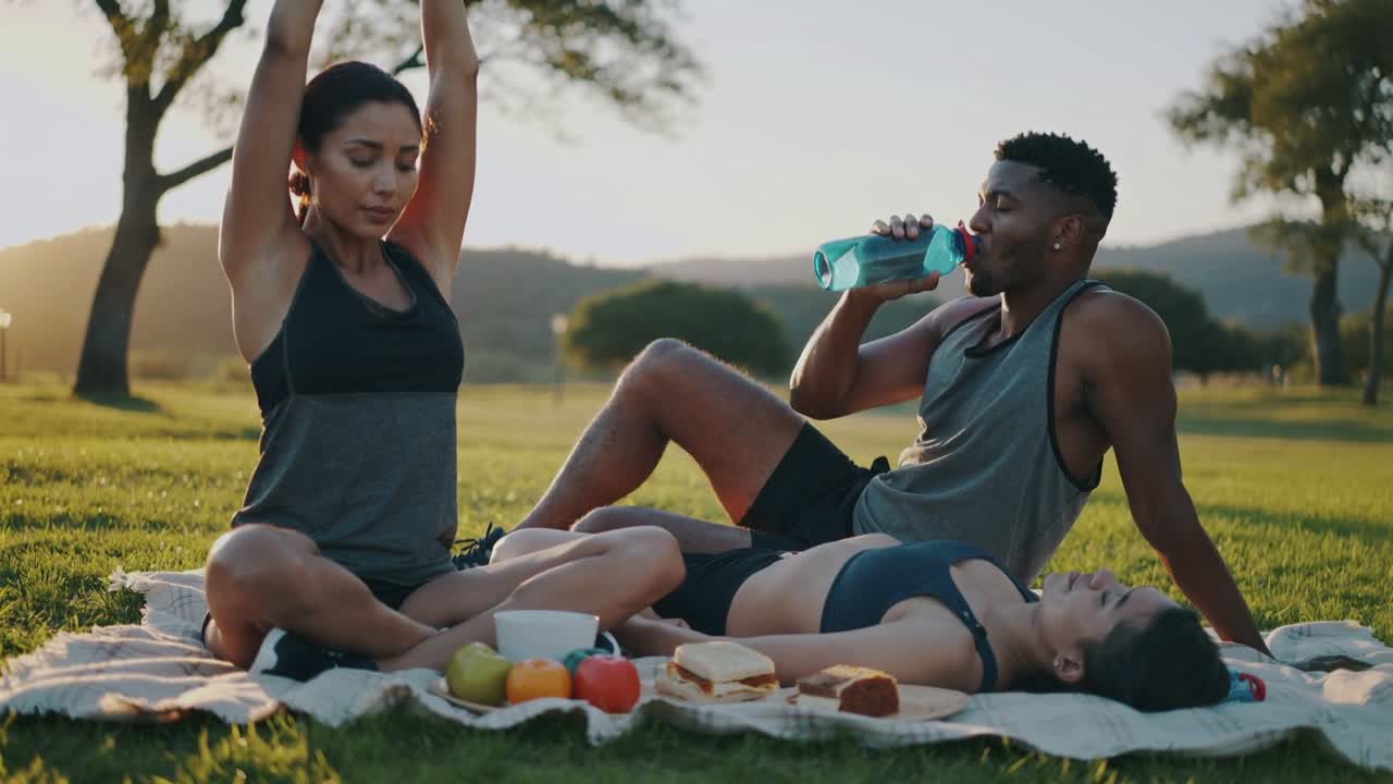 Cooling friends in sportswear on blanket in park, woman stretching, man sipping blue bottle
