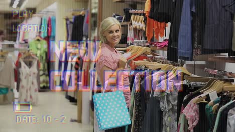 animation of new collection text on video camera screen with digital interface and woman shopping