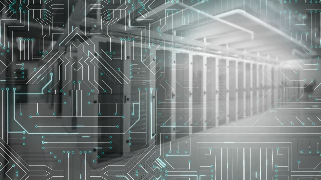 sala de servidores de computadoras y placa de circuitos de computadoras brillantes