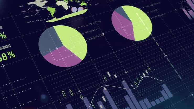 Animation of digital screen with diverse data and graphs over black background