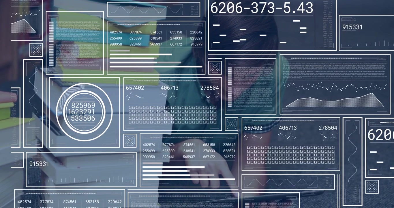Vertical video: Man at desk sorting papers as finance overlaying panels updating, checking numbers