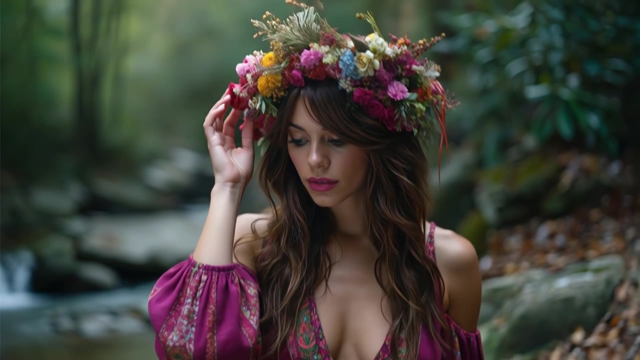 Bella donna che indossa una vivace corona di fiori colorati in un ambiente di foresta lussureggiante.