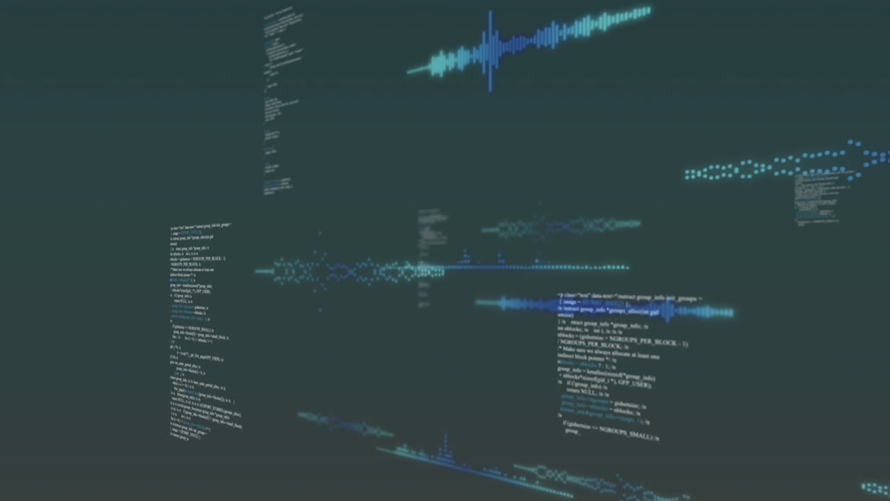 Animation of soundwaves and bars over computer language against abstract background