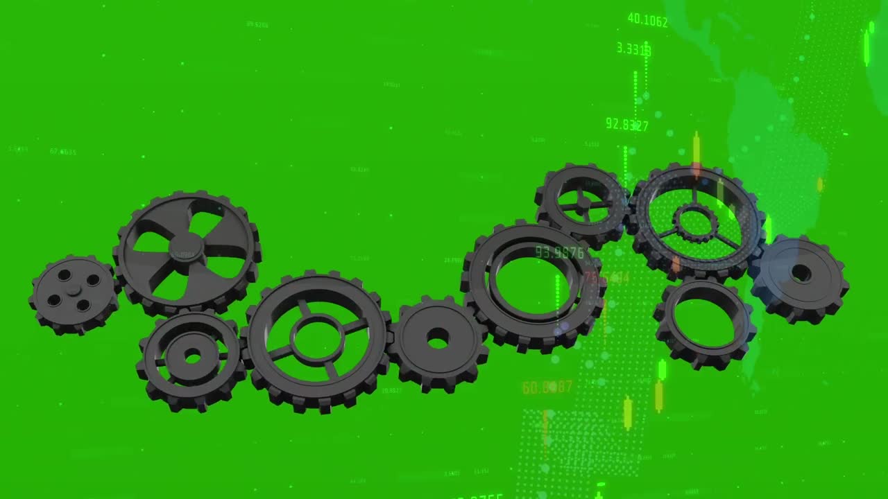 Animation of gears rotating over data on green background