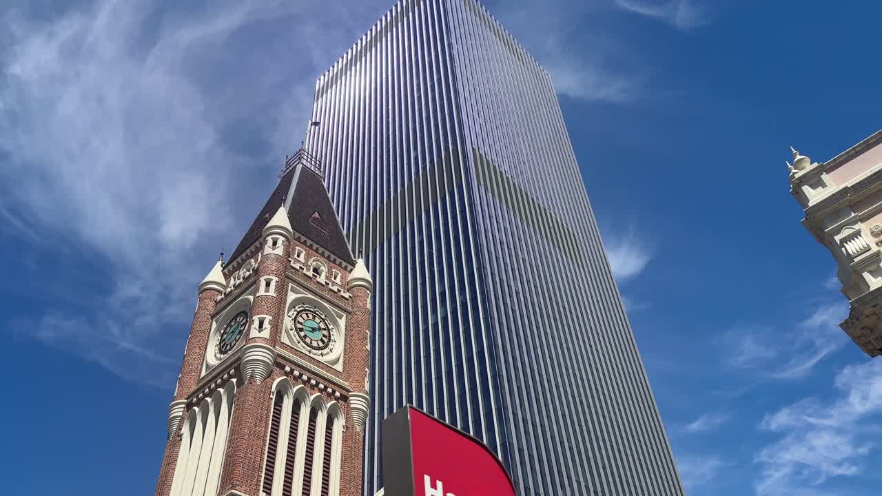 Perth Town Hall low angle skyscraper behind moving by underneath Western Australia