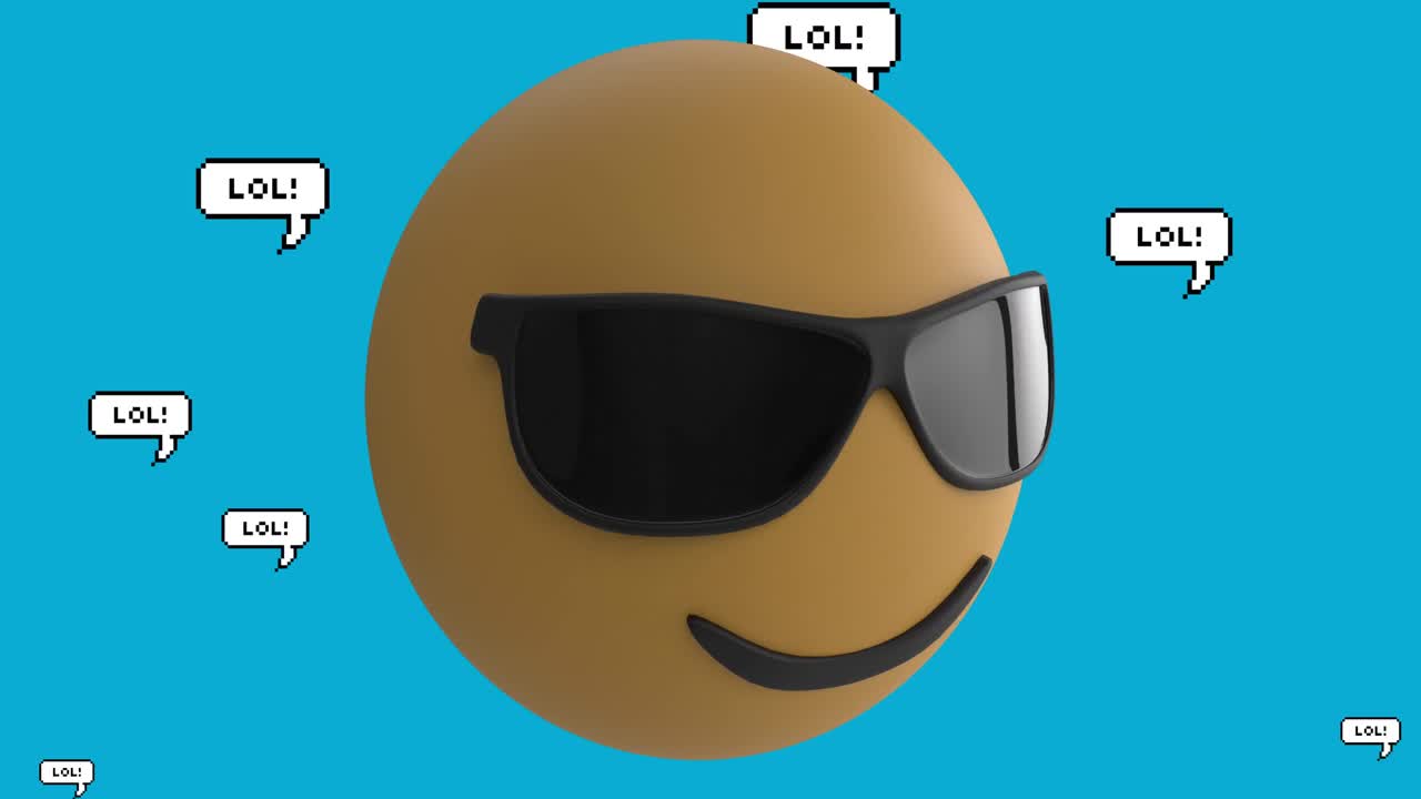 Animation of emoji icon with sunglasses with lol text on blue background