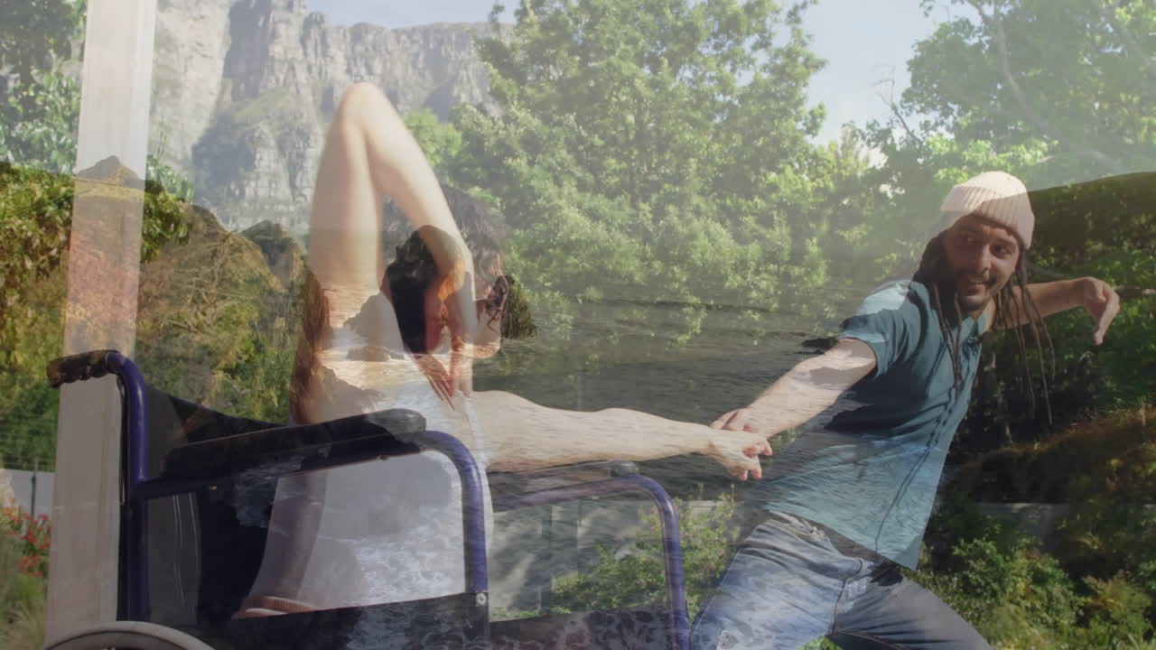 Dancing energetically, man in animation near serene outdoor landscape with trees