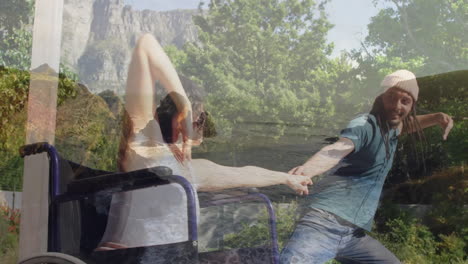 dancing energetically, man in animation near serene outdoor landscape with trees