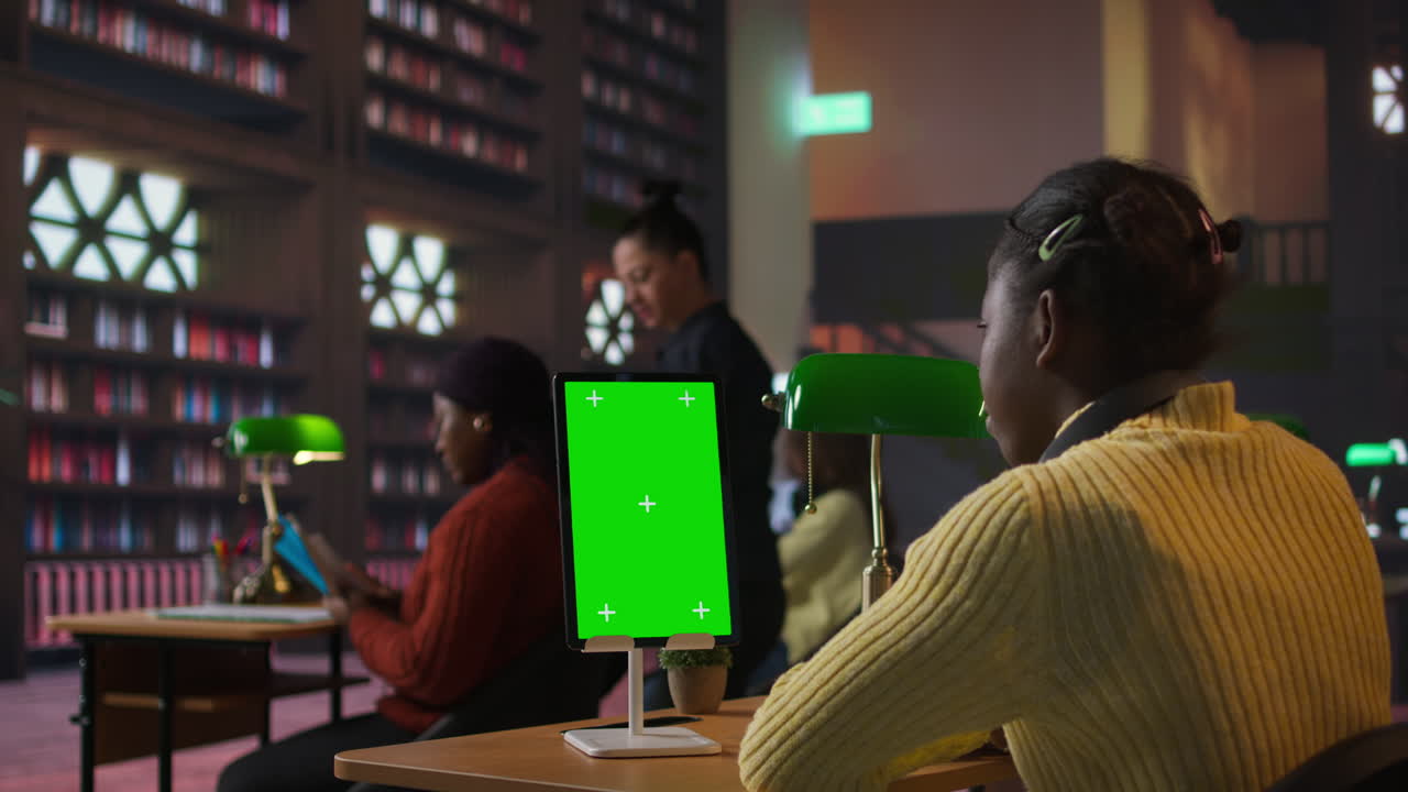 Vídeo Premium - Students studying in a library with green screen tablet