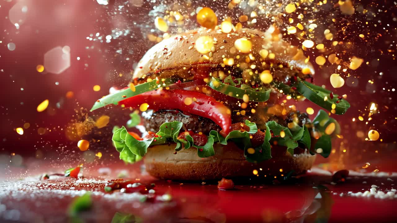 A burger with jalapenos and lettuce on it. The burger is on a red background